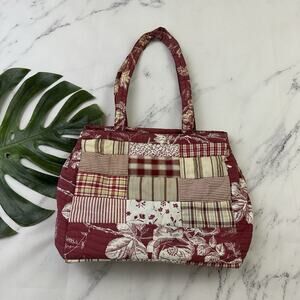 Americana Sharif Vintage 90s Quitled Tote Bag Purse Red Cream Patchwork Floral